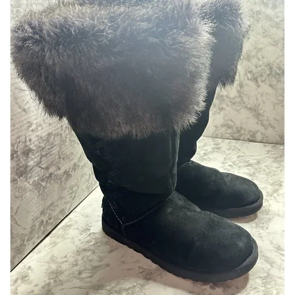 Ugg Boots Womens 7 Tall Rosana Water Resistant Sheepskin Fur Tocana  Black Suede - Picture 3 of 11